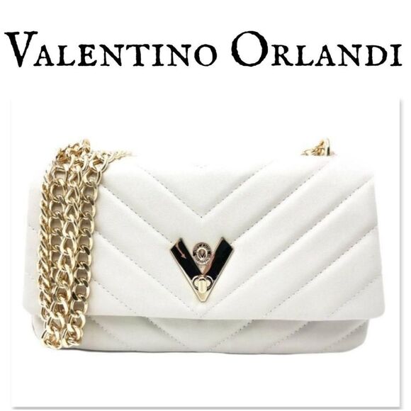 NWT Valentino Orlandi White Quilted Handbag With Gold Chain Strap - Picture 1 of 10